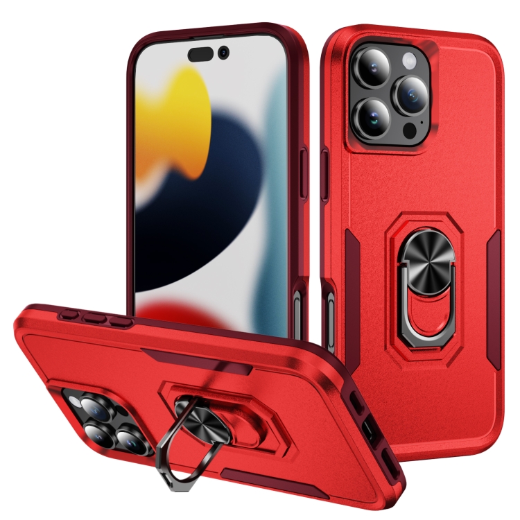 

For iPhone 16 Pro Pioneer Armor Heavy Duty PC + TPU Phone Case with Holder(Red+Rose Red)