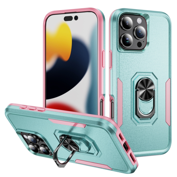 

For iPhone 16 Pro Pioneer Armor Heavy Duty PC + TPU Phone Case with Holder(Green+Pink)