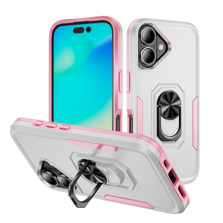 

For iPhone 16 Plus Pioneer Armor Heavy Duty PC + TPU Phone Case with Holder(White+Pink)