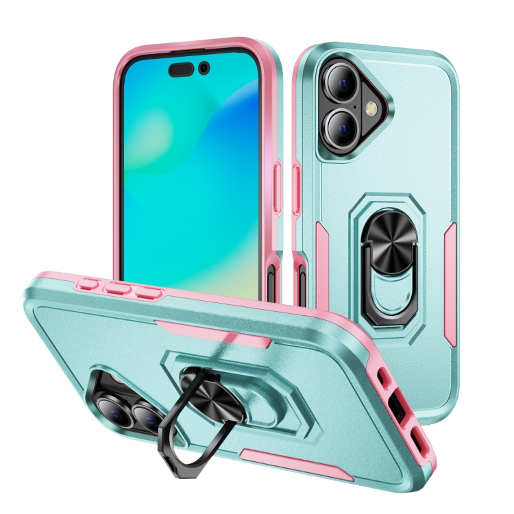 For iPhone 16 Plus Pioneer Armor Heavy Duty PC + TPU Phone Case with Holder(Green+Pink) — купить у Sunsky-online WW