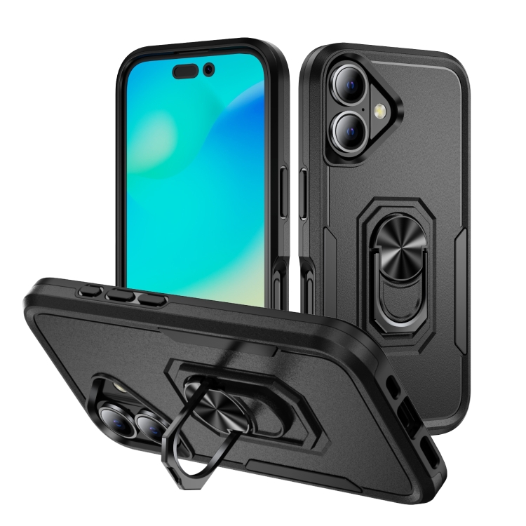 

For iPhone 16 Pioneer Armor Heavy Duty PC + TPU Phone Case with Holder(Black)