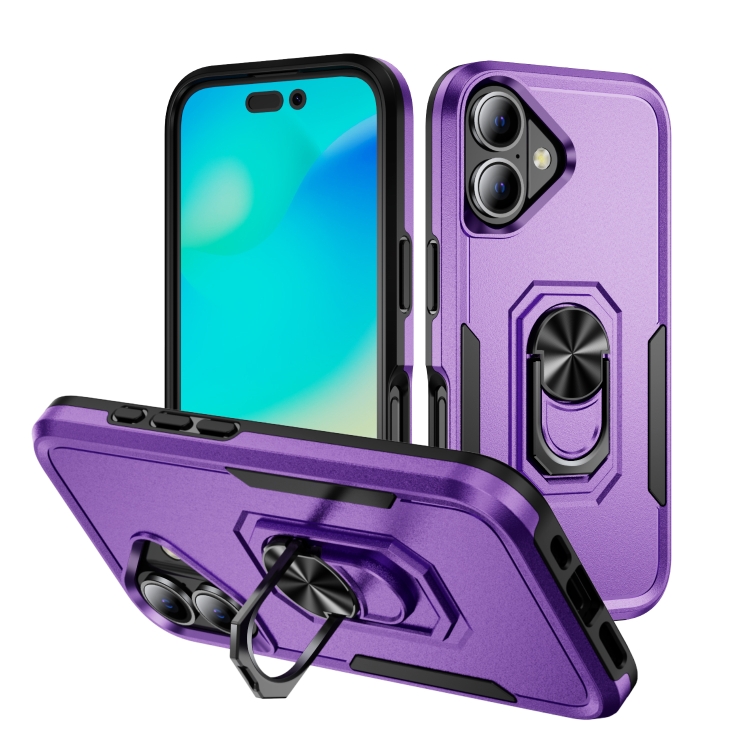 

For iPhone 16 Pioneer Armor Heavy Duty PC + TPU Phone Case with Holder(Purple+Black)