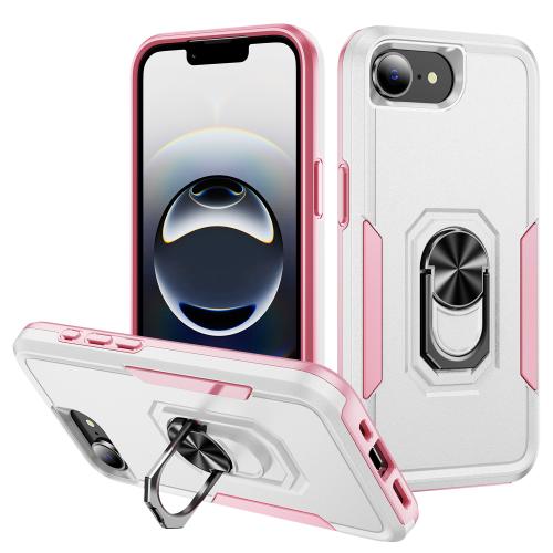 

For iPhone 16e Pioneer Armor Heavy Duty PC + TPU Phone Case with Holder(White+Pink)