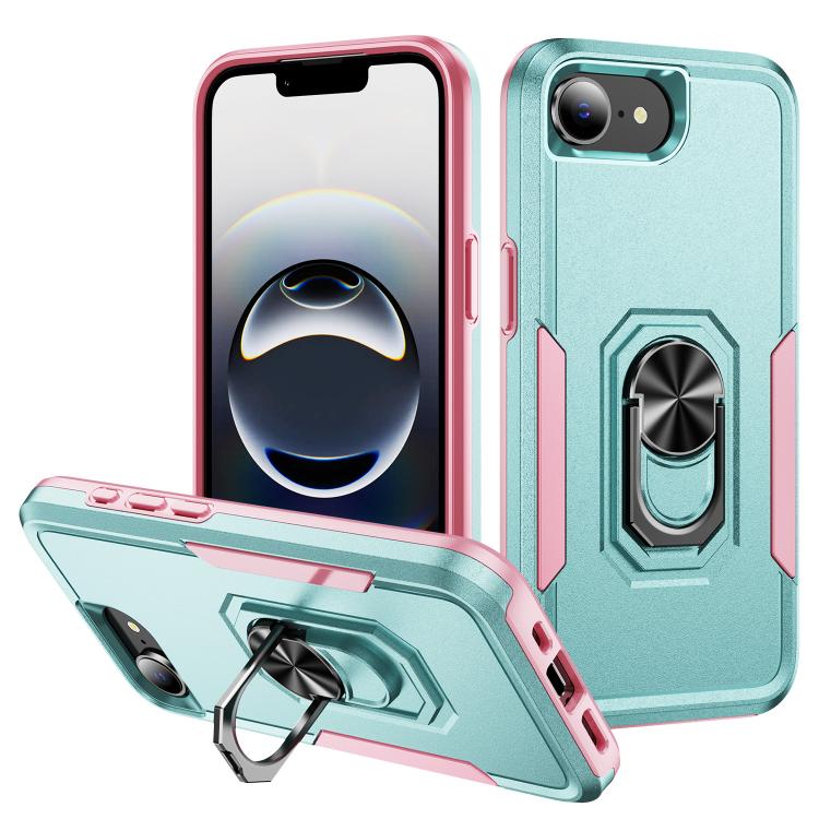 For iPhone 17e / 16e Pioneer Armor Heavy Duty PC + TPU Phone Case with Holder(Green+Pink)