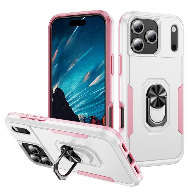 

For iPhone 17 Pro Max Pioneer Armor Heavy Duty PC + TPU Phone Case with Holder(White+Pink)