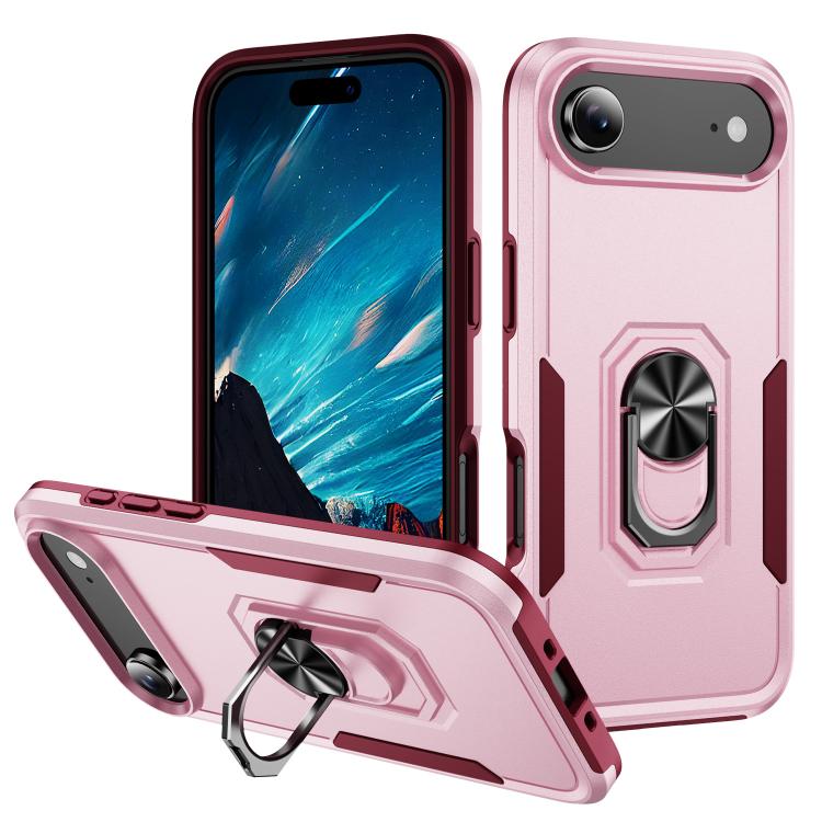 

For iPhone 17 Air Pioneer Armor Heavy Duty PC + TPU Phone Case with Holder(Pink+Rose Red)