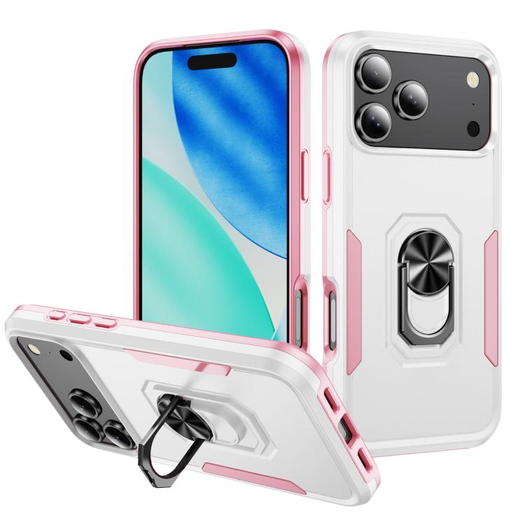 For iPhone 18 Pro Pioneer Armor Heavy Duty PC + TPU Phone Case with Holder(White+Pink)