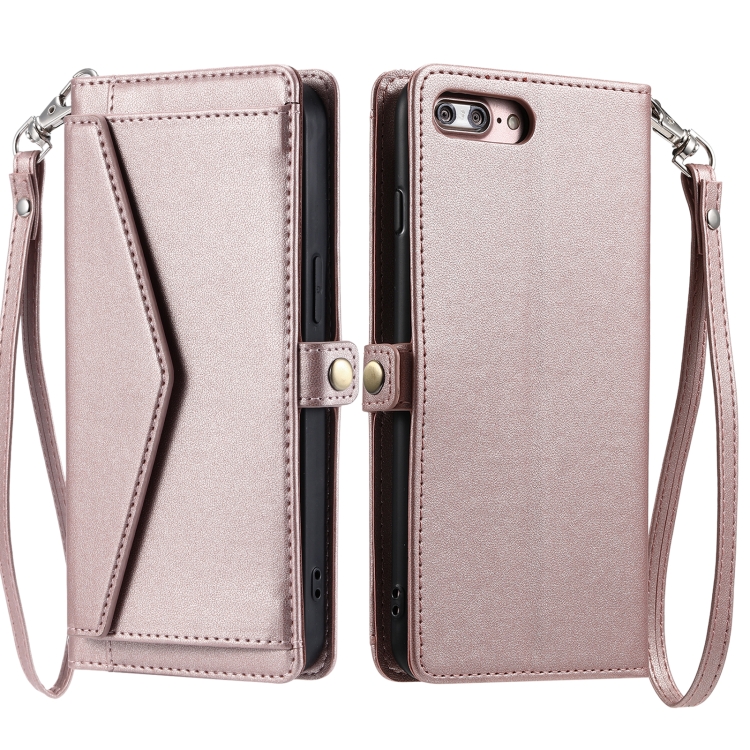 For iPhone Plus Plus Wallet Multi-card Slot Leather Phone Case with  Lanyard(Rose Gold)