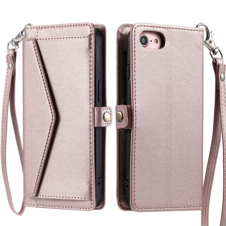 

For iPhone SE 2022 / SE 2020 / 7 / 8 Wallet Multi-card Slot Leather Phone Case with Lanyard(Rose Gold)