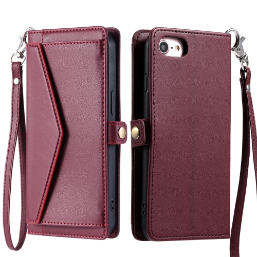 

For iPhone SE 2022 / SE 2020 / 7 / 8 Wallet Multi-card Slot Leather Phone Case with Lanyard(Wine Red)