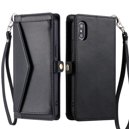 

For iPhone XS Max Wallet Multi-card Slot Leather Phone Case with Lanyard(Black)