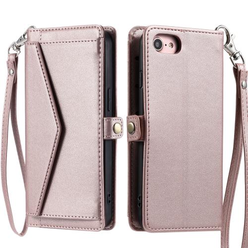 

For iPhone 16e Wallet Multi-card Slot Leather Phone Case with Lanyard(Rose Gold)