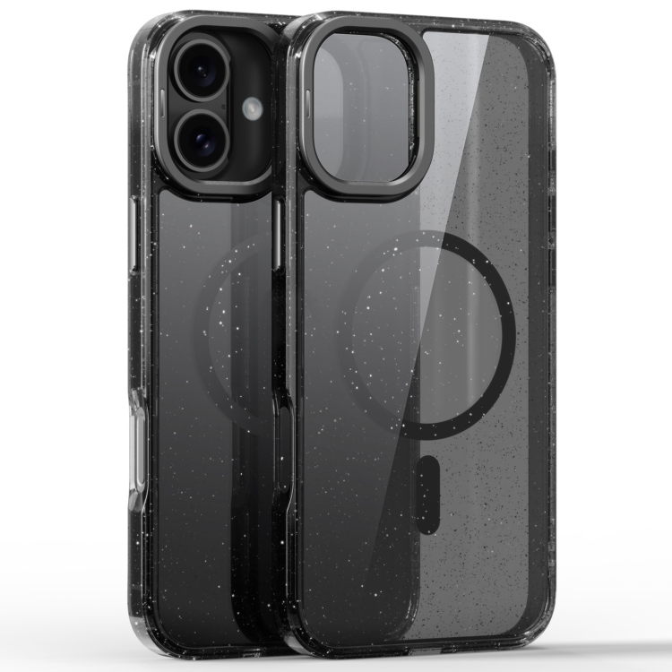

For iPhone 16 Glitter Powder Lens Holder MagSafe Magnetic Phone Case(Transparent Black)