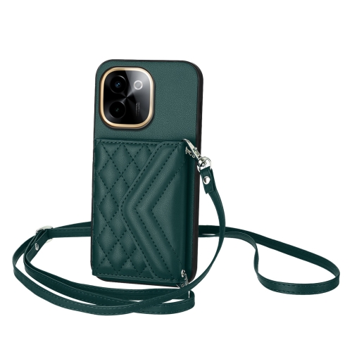 

For vivo Y200 Rhombic Texture Card Bag RFID Phone Case with Long Lanyard(Green)