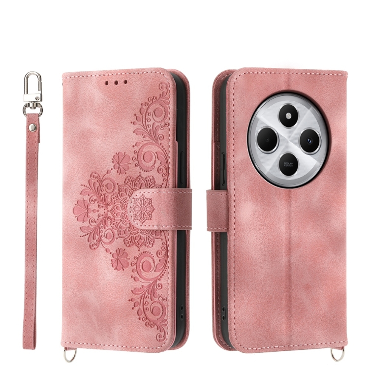 

For Redmi 14C 4G Skin Feel Flowers Embossed Wallet Leather Phone Case(Pink)