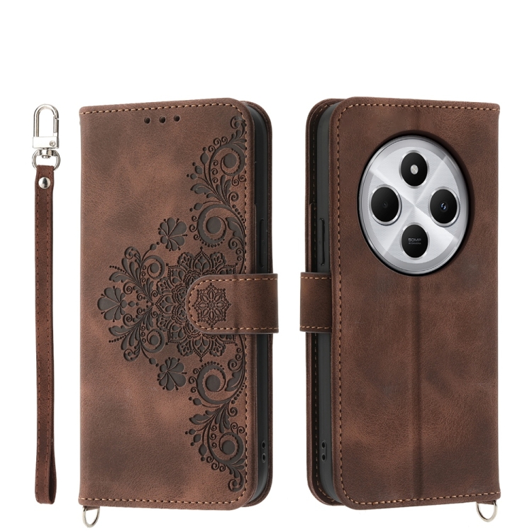 

For Redmi 14C 4G Skin Feel Flowers Embossed Wallet Leather Phone Case(Brown)