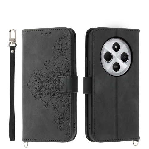 

For Redmi 14C 4G Skin Feel Flowers Embossed Wallet Leather Phone Case(Black)