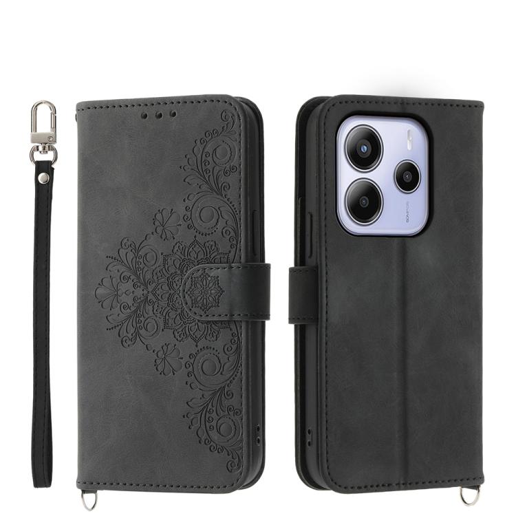 

For Redmi Note 14 4G 163.25mm Global Skin Feel Flowers Embossed Wallet Leather Phone Case(Black)