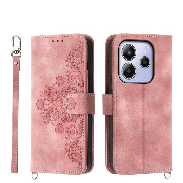 

For Redmi Note 14 4G 164.84mm Skin Feel Flowers Embossed Wallet Leather Phone Case(Pink)
