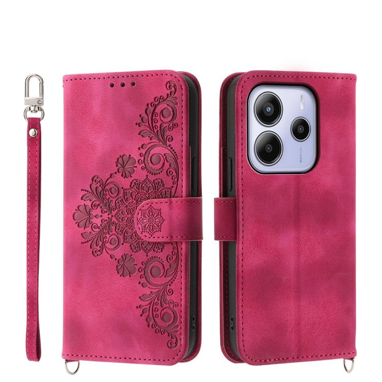 

For Redmi Note 14 4G 164.84mm Skin Feel Flowers Embossed Wallet Leather Phone Case(Wine Red)