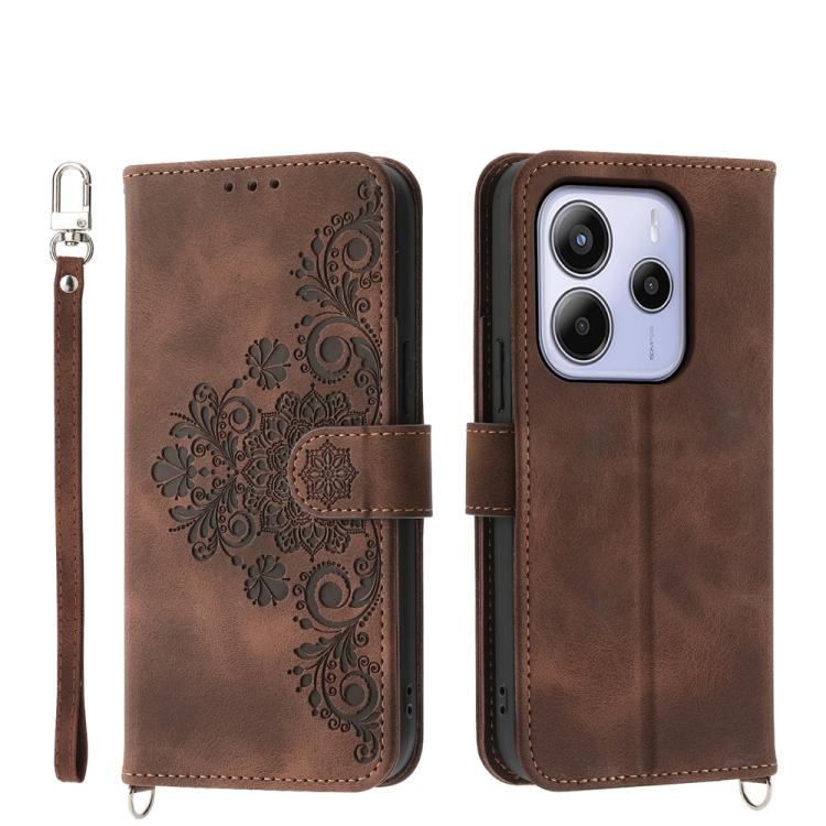 

For Redmi Note 14 4G 164.84mm Skin Feel Flowers Embossed Wallet Leather Phone Case(Brown)
