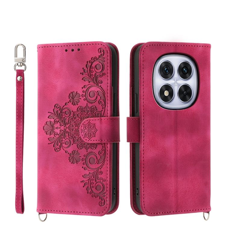 

For Redmi Note 14 Pro 4G Skin Feel Flowers Embossed Wallet Leather Phone Case(Wine Red)