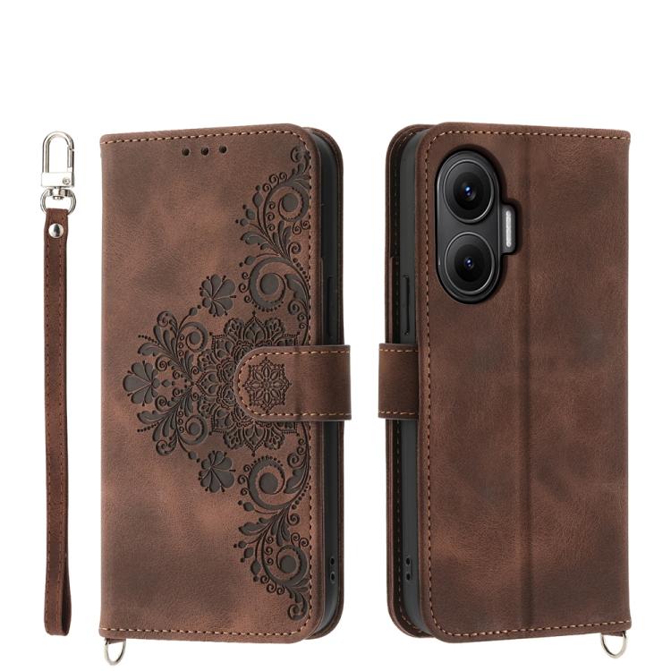 

For Redmi Turbo 4 Pro / Xiaomi Poco F7 Skin Feel Flowers Embossed Wallet Leather Phone Case(Brown)