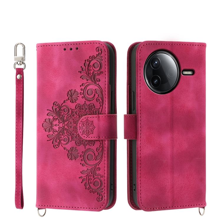 

For Redmi K80 / K80 Pro Skin Feel Flowers Embossed Wallet Leather Phone Case(Wine Red)