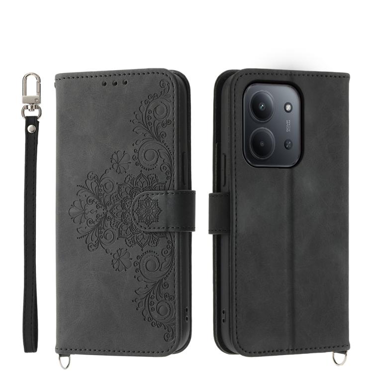 

For Redmi 15C 5G / 4G EU 173mm / Poco C85 5G Skin Feel Flowers Embossed Wallet Leather Phone Case(Black)