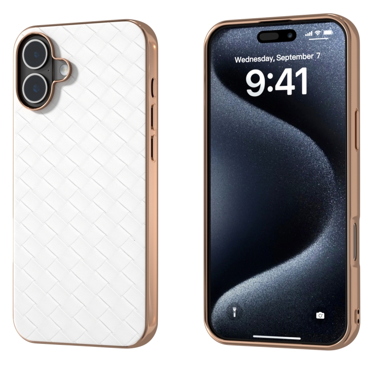 

For iPhone 16 Plus Electroplated Frame Woven Texture PU Phone Case(White)