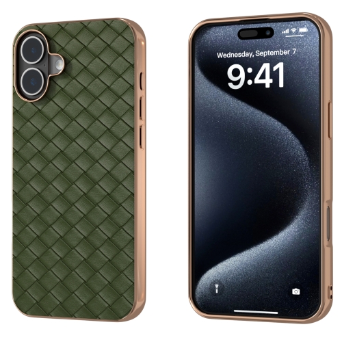 

For iPhone 16 Plus Electroplated Frame Woven Texture PU Phone Case(Green)