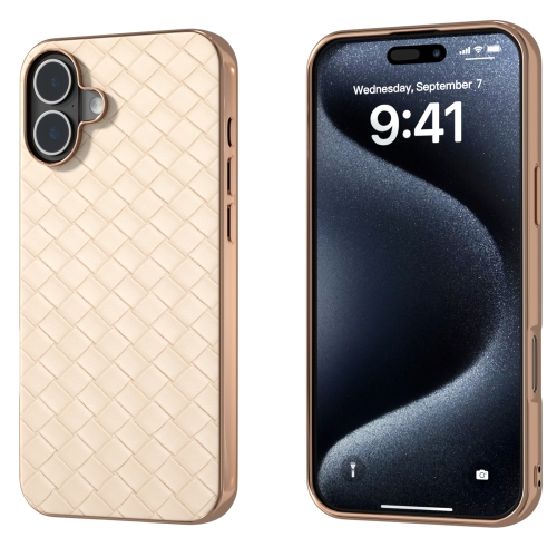 

For iPhone 16 Electroplated Frame Woven Texture PU Phone Case(Beige)