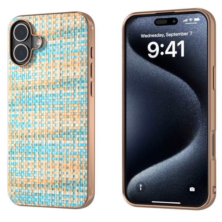 

For iPhone 16 Plus Electroplated Frame Color Lattice Texture PU Phone Case(Blue)