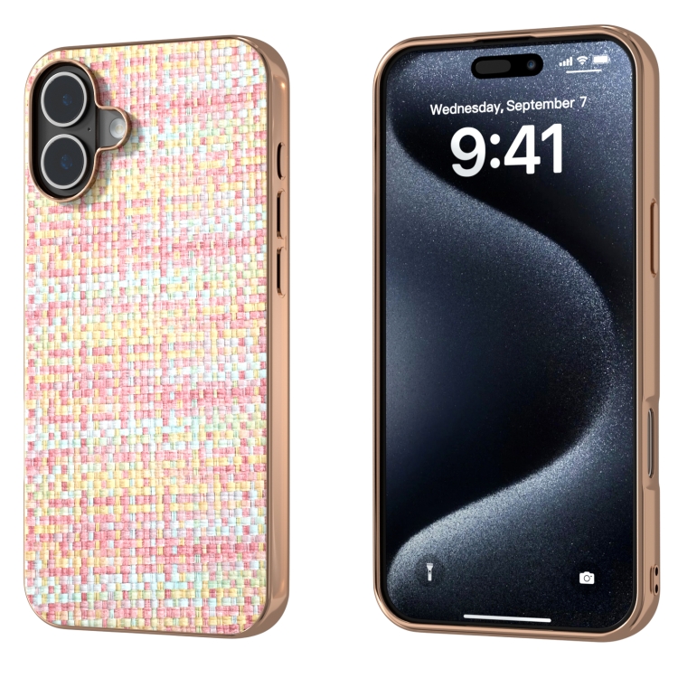 

For iPhone 16 Electroplated Frame Color Lattice Texture PU Phone Case(Pink)