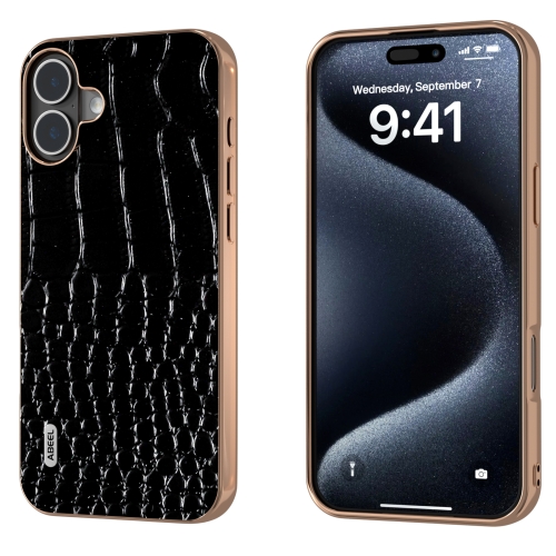 

For iPhone 16 Plus ABEEL Electroplated Frame Genuine Leather Crocodile Pattern Phone Case(Black)