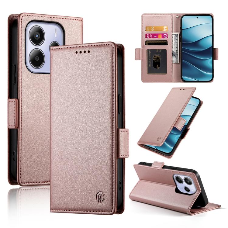 

For Redmi Note 14 4G 163.25mm Global Side Buckle Magnetic Frosted Leather Phone Case(Rose Gold)