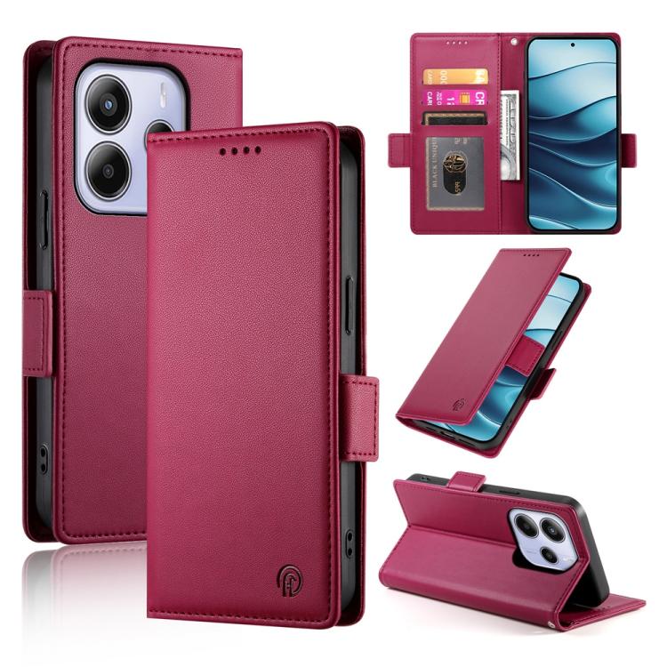 

For Redmi Note 14 4G 163.25mm Global Side Buckle Magnetic Frosted Leather Phone Case(Wine Red)