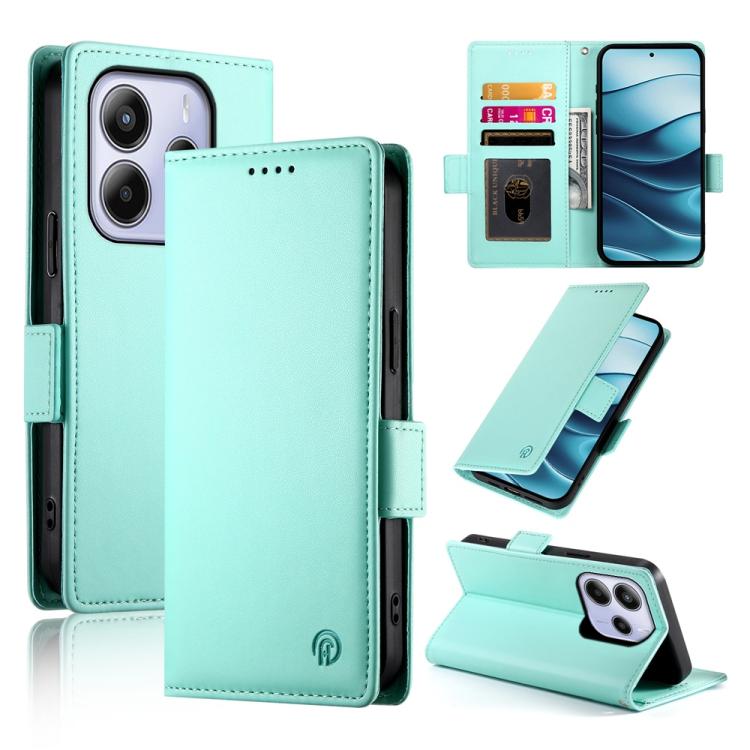 

For Redmi Note 14 4G 163.25mm Global Side Buckle Magnetic Frosted Leather Phone Case(Mint Green)