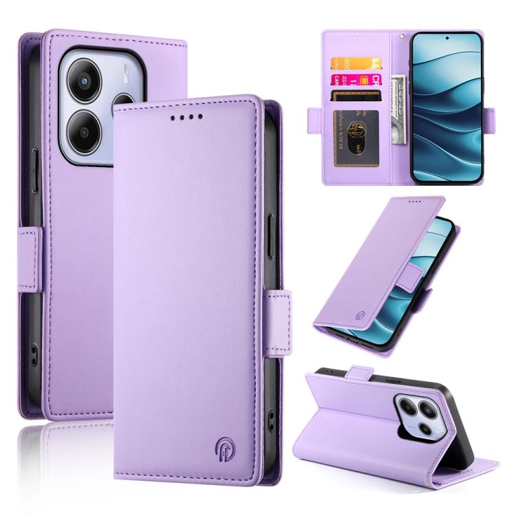 

For Redmi Note 14 4G 163.25mm Global Side Buckle Magnetic Frosted Leather Phone Case(Purple)