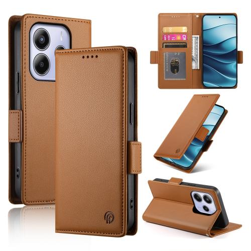 

For Redmi Note 14 4G 163.25mm Global Side Buckle Magnetic Frosted Leather Phone Case(Brown)