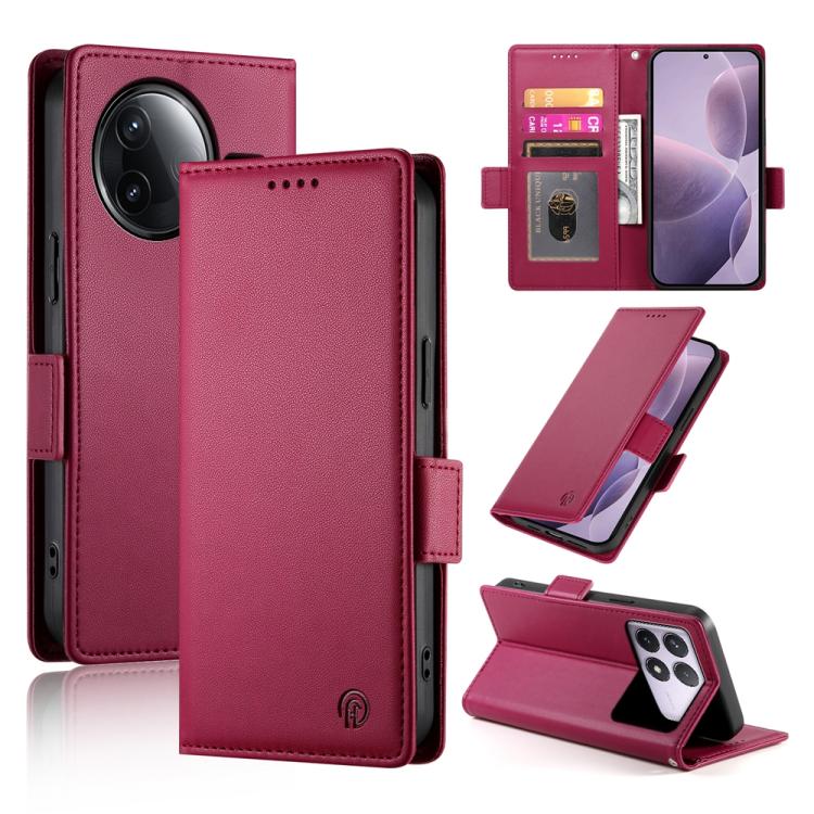 For Redmi K80 / K80 Pro Side Buckle Magnetic Frosted Leather Phone Case(Wine Red)