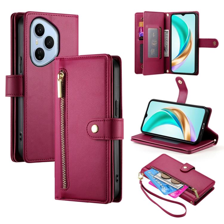 

For Honor 400 Pro Global 160.8mm Nine Card-slot Zipper Wallet Bag Leather Phone Case(Red)