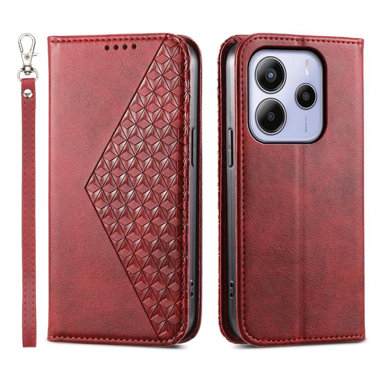 

For Redmi Note 14 4G 164.84mm Cubic Grid Calf Texture Magnetic Leather Phone Case(Red)