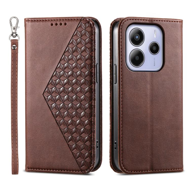 

For Redmi Note 14 4G 164.84mm Cubic Grid Calf Texture Magnetic Leather Phone Case(Brown)