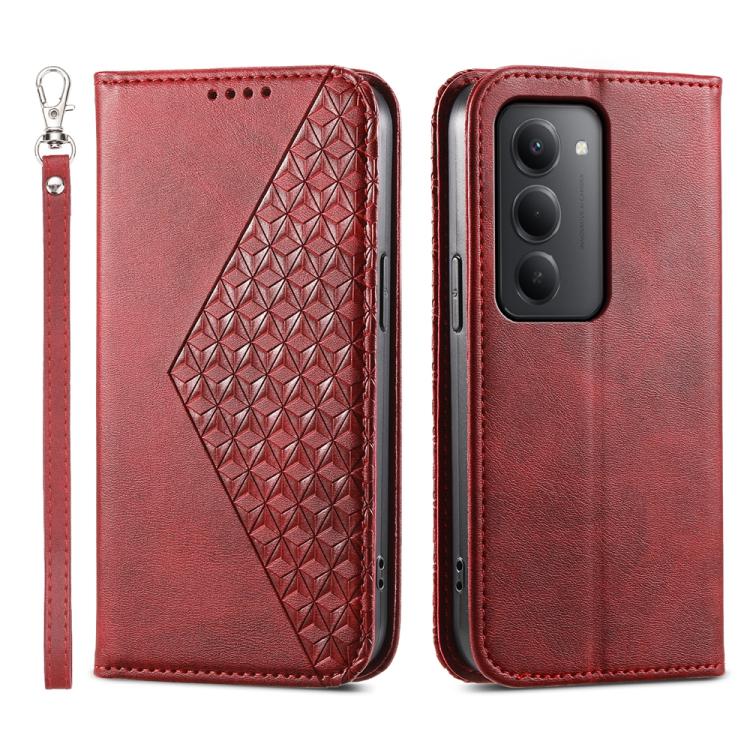 

For Redmi 15 5G Global / 15 4G SEA 169.5mm Cubic Grid Calf Texture Magnetic Leather Phone Case(Red)