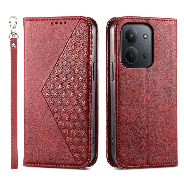 

For Redmi 15C Global 171mm / Poco C85 4G Cubic Grid Calf Texture Magnetic Leather Phone Case(Red)
