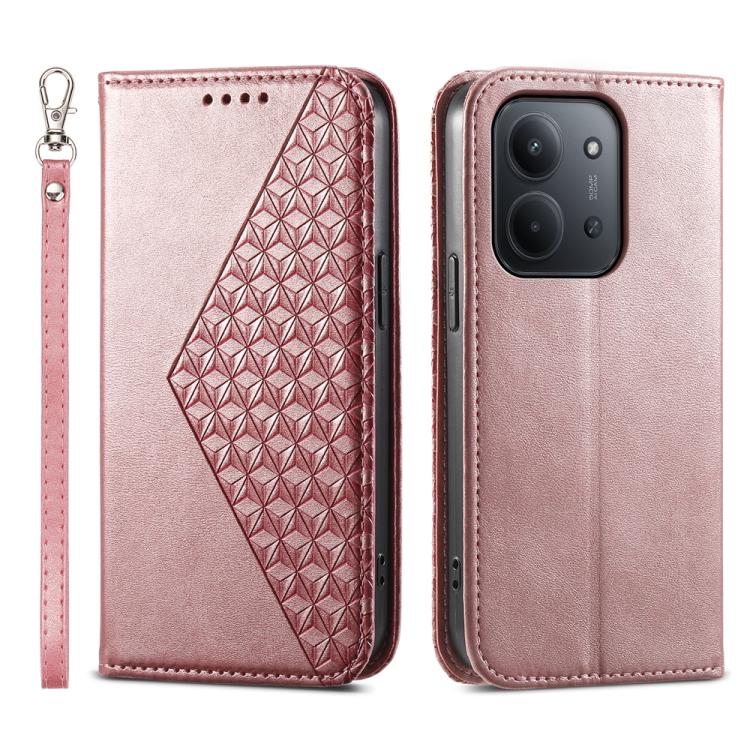 

For Redmi 15C 5G / 4G EU 173mm Cubic Grid Calf Texture Magnetic Leather Phone Case(Rose Gold)