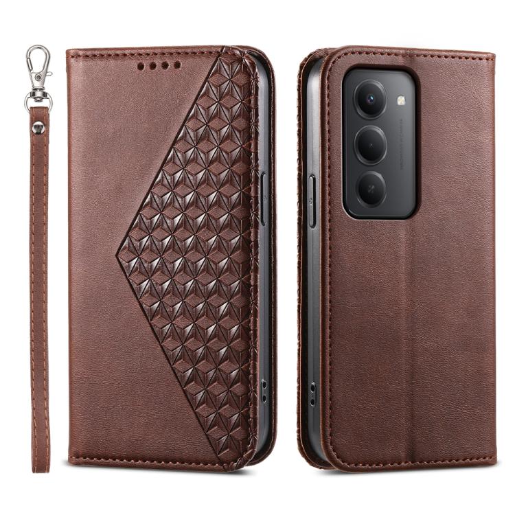 

For Redmi 15 5G / 4G EU 171mm Cubic Grid Calf Texture Magnetic Leather Phone Case(Brown)