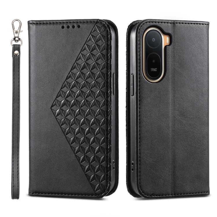

For Redmi A7 Pro 4G / 5G 171mm / Poco C85x 5G Cubic Grid Calf Texture Magnetic Leather Phone Case(Black)