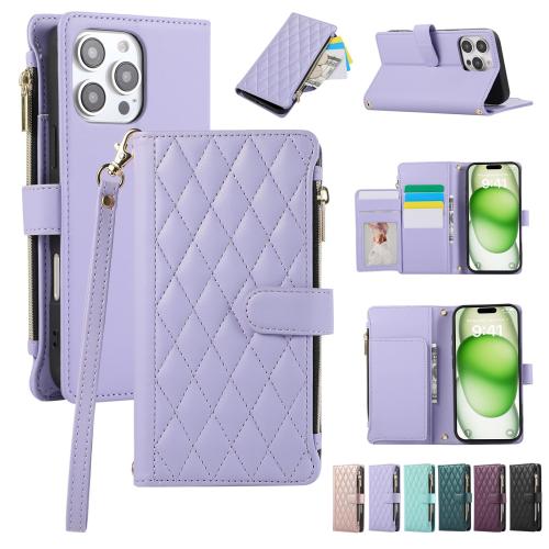 

For iPhone 16 Pro Max Rhombic Zipper Wallet Leather Phone Case(Purple)